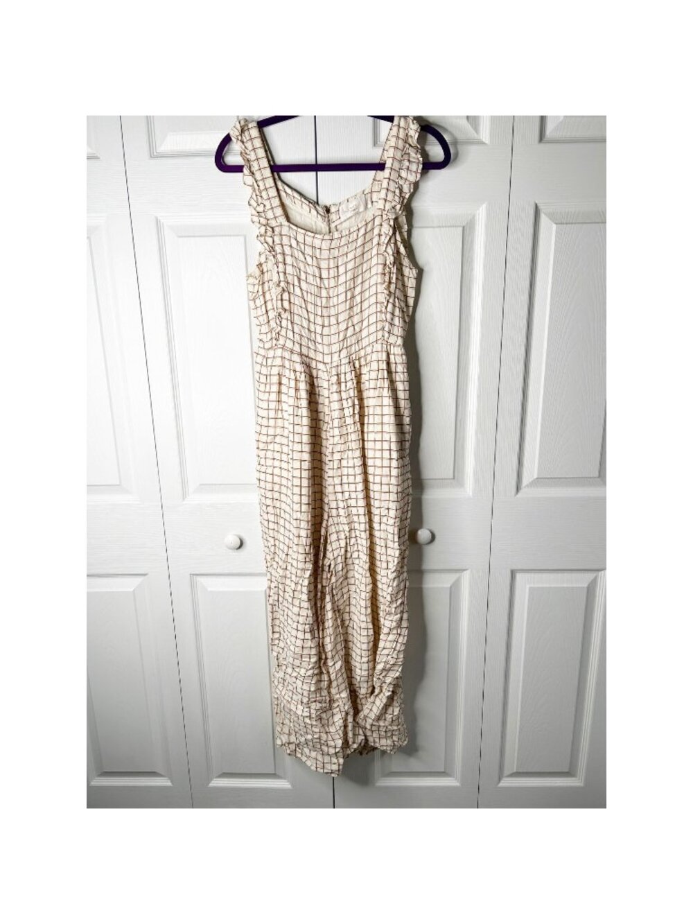 SANCIA The Ines Cream Brown Gingham Ruffle Jumpsuit Women's Size Medium M